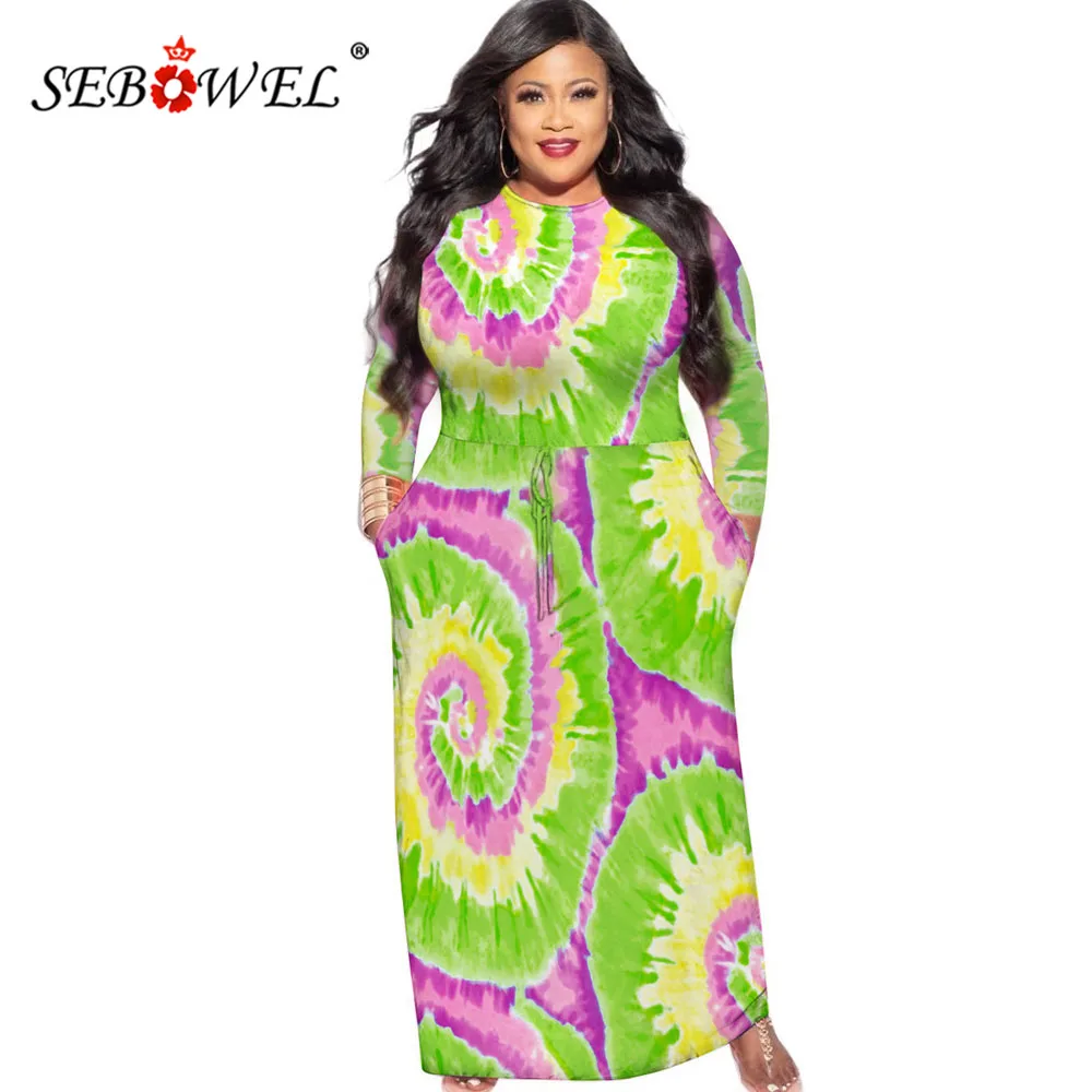 

SEBOWEL Autumn Large Size Women's Maxi Long Dress Loose Lady Round Neck Long Sleeve Tie Dye Print Plus Size Pockets Dresses