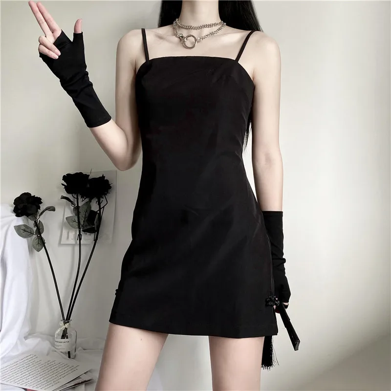 

ZN Womens Sexy Gothic Black Slip Camisole Dress Slim Fit Bodycon Nightclub Party Skirt Short Summer Mini Sleeveless Vestidos