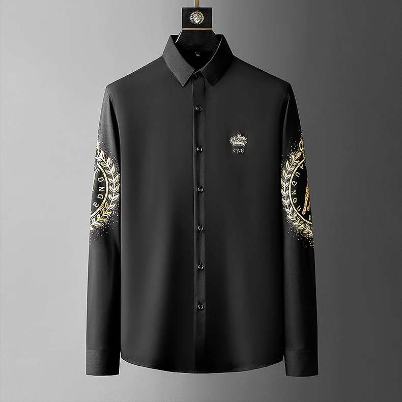 

Luxury Crown Printed Shirts Men 2021 Spring Long Sleeve Slim Casual Dress Shirt Streetwear Social Party Clothes Camisa Masculina