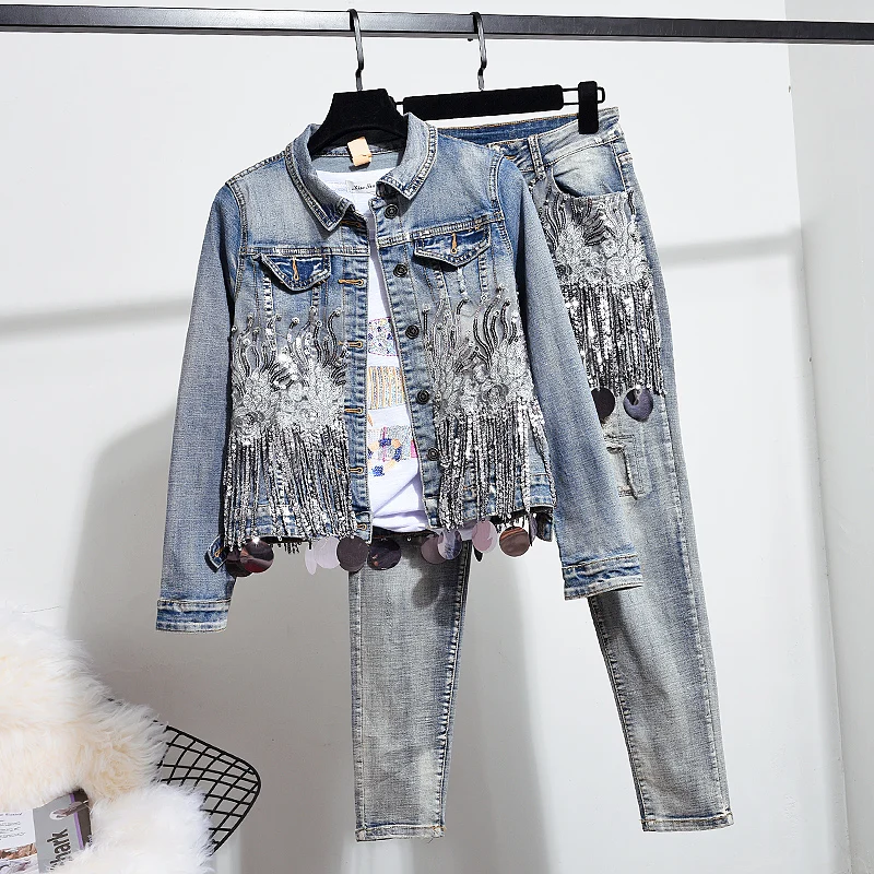 

Autumn New Woman Embroidery Tassel Long-Sleeve Vintage Denim Jacket + Casual Little Feet Jeans Two Piece Sets Ladies Tide H979