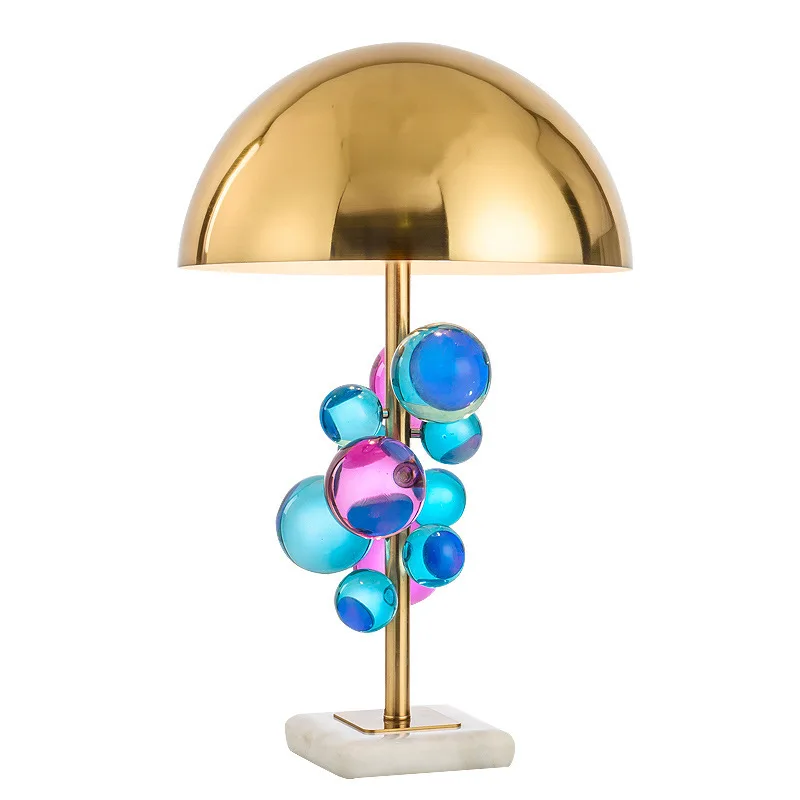 Modern Golden Plated Hemisphere Shade Crystal / Multicolor Beards Decor with Square Marble Base Table Lamp Bedroom Bedside Lamp