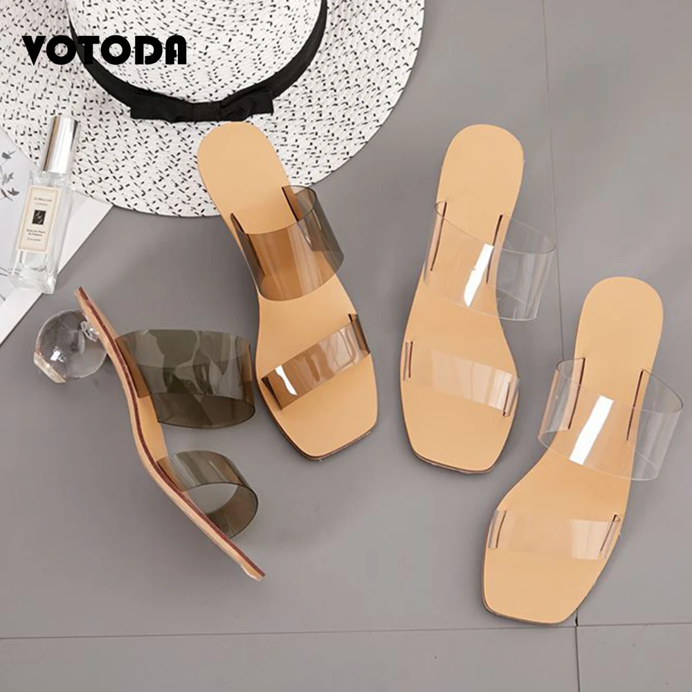

Summer Women Fashion Transparent Slippers Female Sexy Square Head Slides Woman Round Heel Beach Outdoor Sandals Large Size Shoes