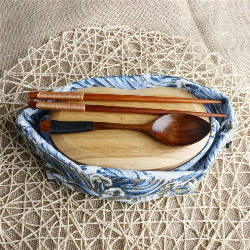 PACGOTH винтажный Японский стиль синяя волна узор холст шнурок Ланч сумка свежесть