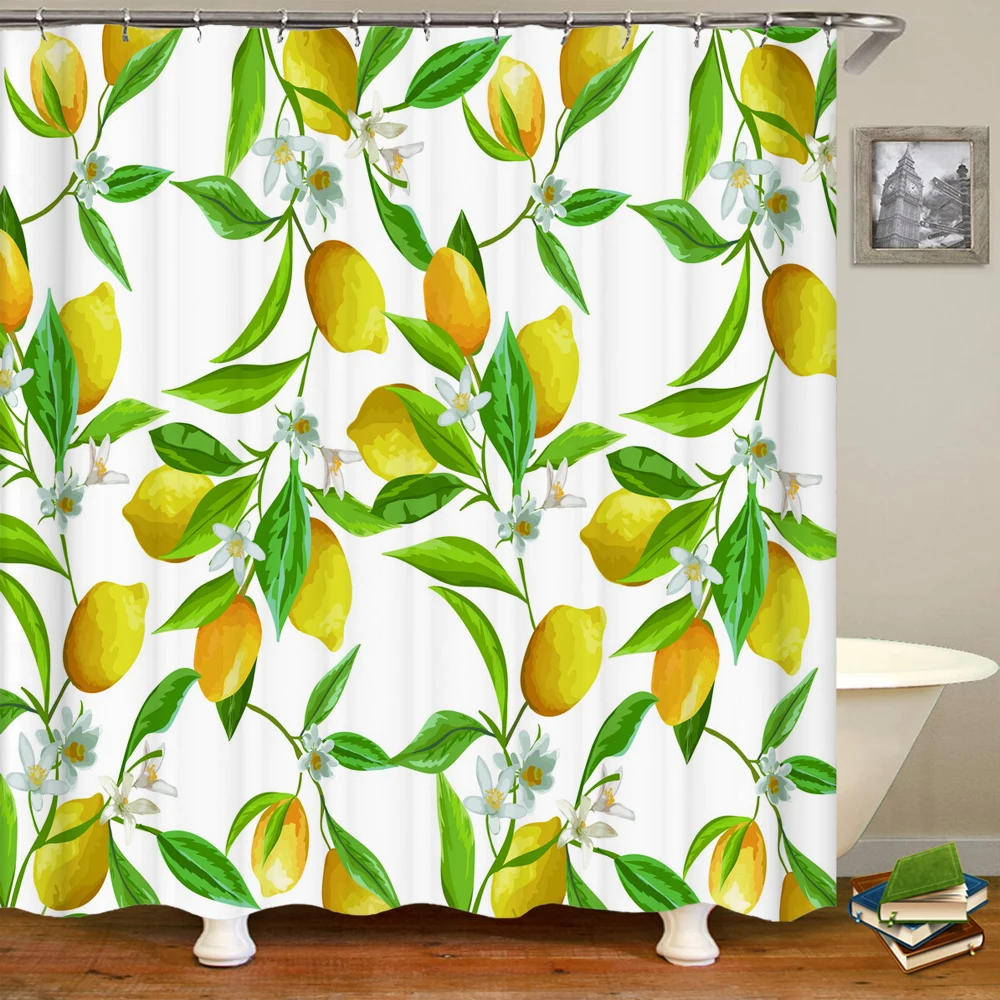 

Small Fresh Fruit Lemon leaf Printed Shower Curtains Frabic Waterproof Polyester Bath Curtain With Hooks 180x180cm Decoration