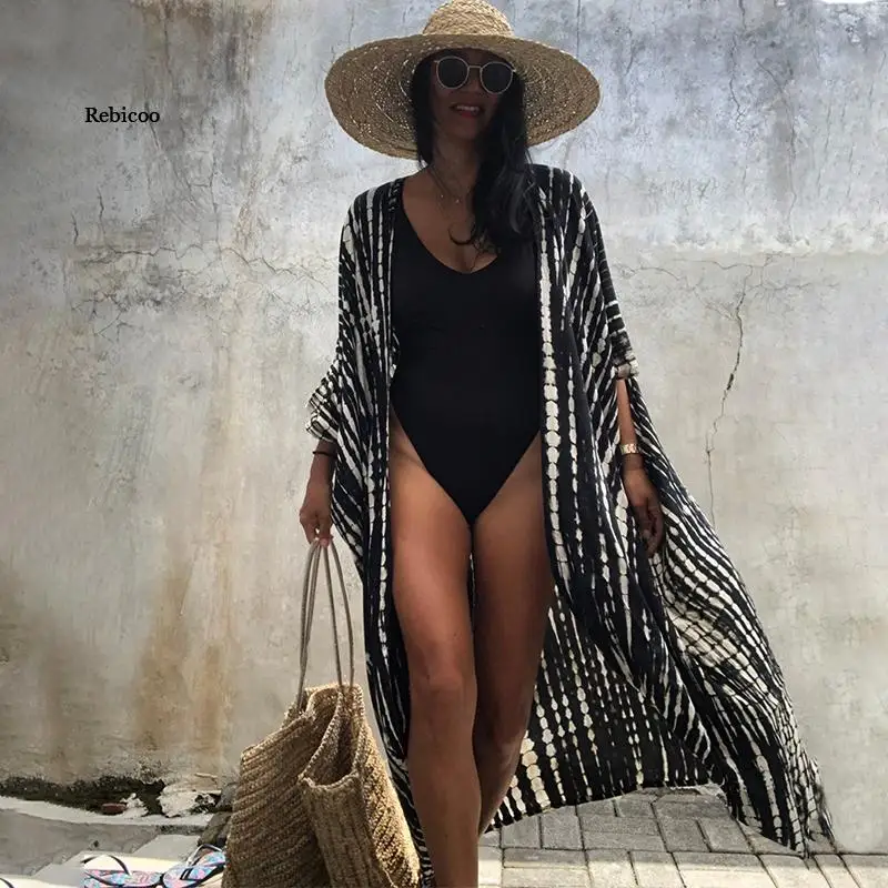 

Women Bikini Cover-Ups Black Retro Striped Self Belted Summer Kimono Dress Beach Wear Swim Suit Cover Up
