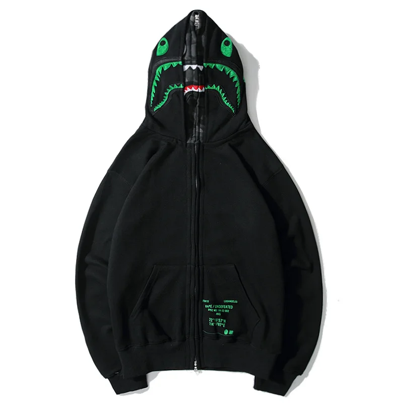 

Popular Brand Joint-Camouflage Double Cap Shark Embroidered Zipper plus Velvet Hoodie MEN'S Outerwear