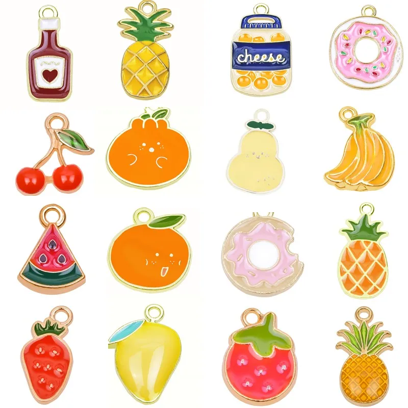 Pineapple Strawberry Fruit Golden Enamel Charms For Jewelry Making Earring Necklace Girl Pendant 10pcs Avocado Donut Accessories