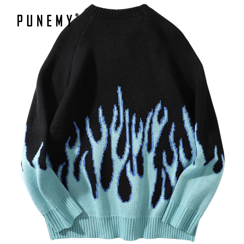 

Sweater Men Pullover Hip Hop Streetwear Harajuku Retro Flame Pattern Spandex O-neck Oversize Men Clothing Couple Male Sweaters