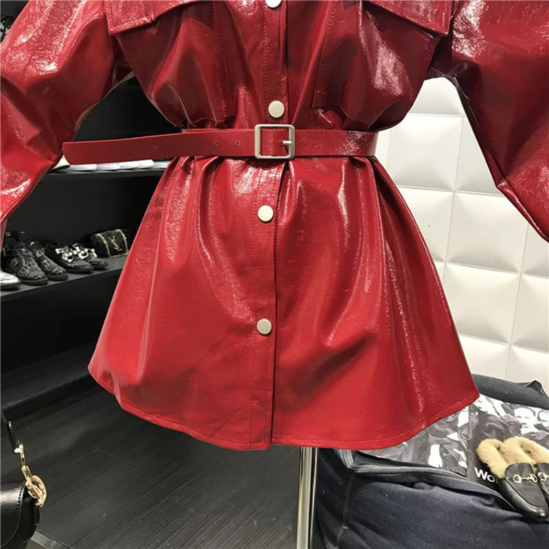 

VOOCIEC Black Glossy patent women leather jackets pu with belt female street style single breasted long leather jacket biker