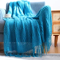 inya blue throw blanket for couch sofa bed decorative knitted blanket with tassels soft lightweight cozy textured blankets