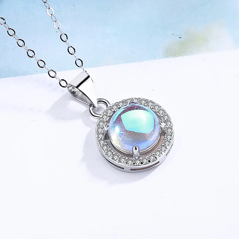 

Round Natural White Moonstone925 Silver Pendants Necklace with Chain for Women Vintage Fashion Woman Jewelry for Gril Party