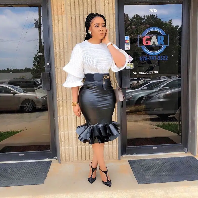 Женская короткая юбка карандаш из искусственной кожи размера плюс черная