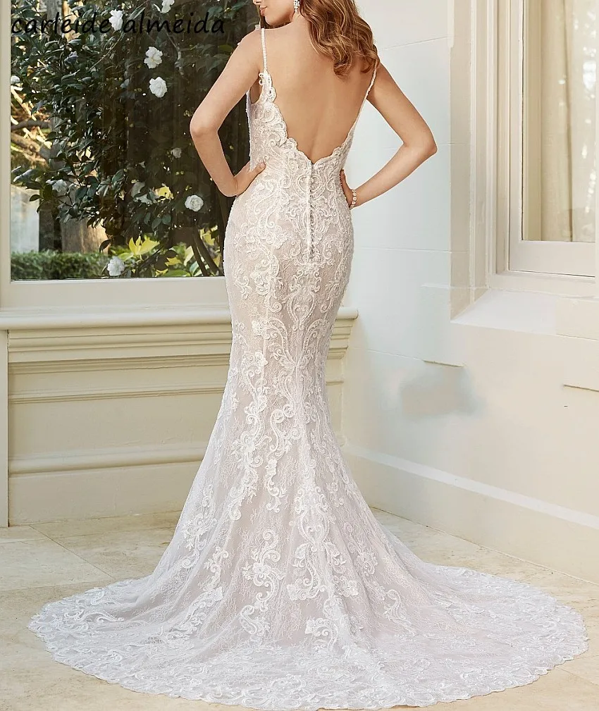 

Vestido de novia Sexy Back Spaghetti Straps Mermaid Lace Wedding Dress Court Train Mermaid Mariage