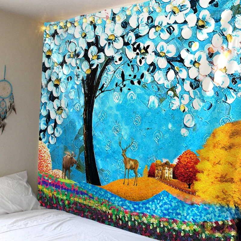 

Pretty oil painting tree art Mandala Printed Polyester Tapestry Wall Hanging For Decorate Home Living Room Bedroom Office 6 Size
