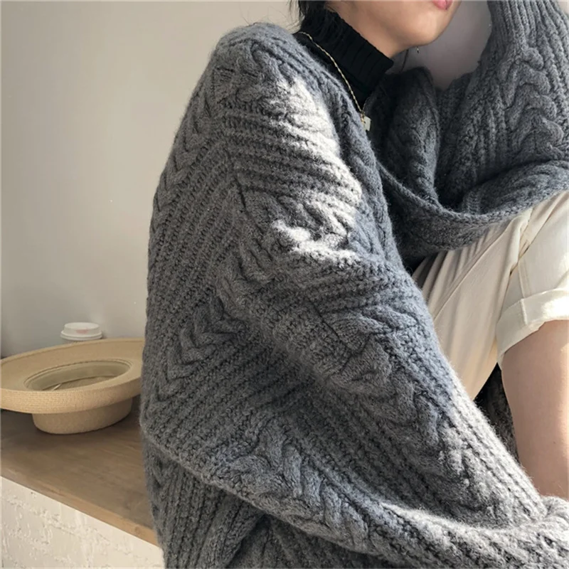 

Knit Sweater Women 2021 Autumn And Winter Retro Twist Mid-Length Fashion Simple Thick Cardigan Korean Loose Jacket T56