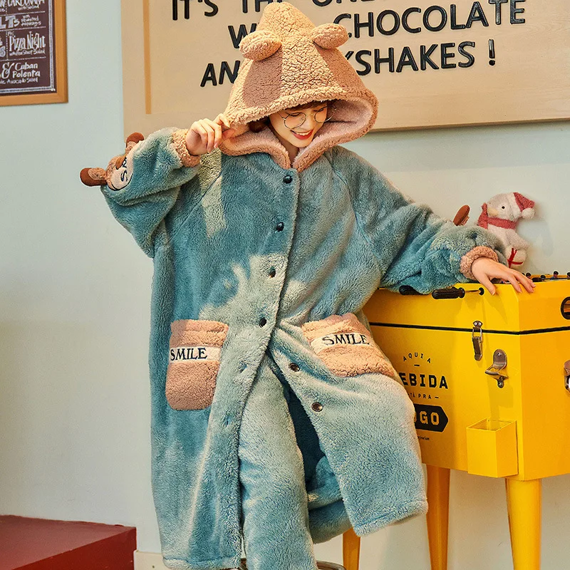 Autumn And Winter Female Ins Robe Pajamas Coral Fleece Thick Hooded Bathrobe Two-Piece Flannel Warm Home Service