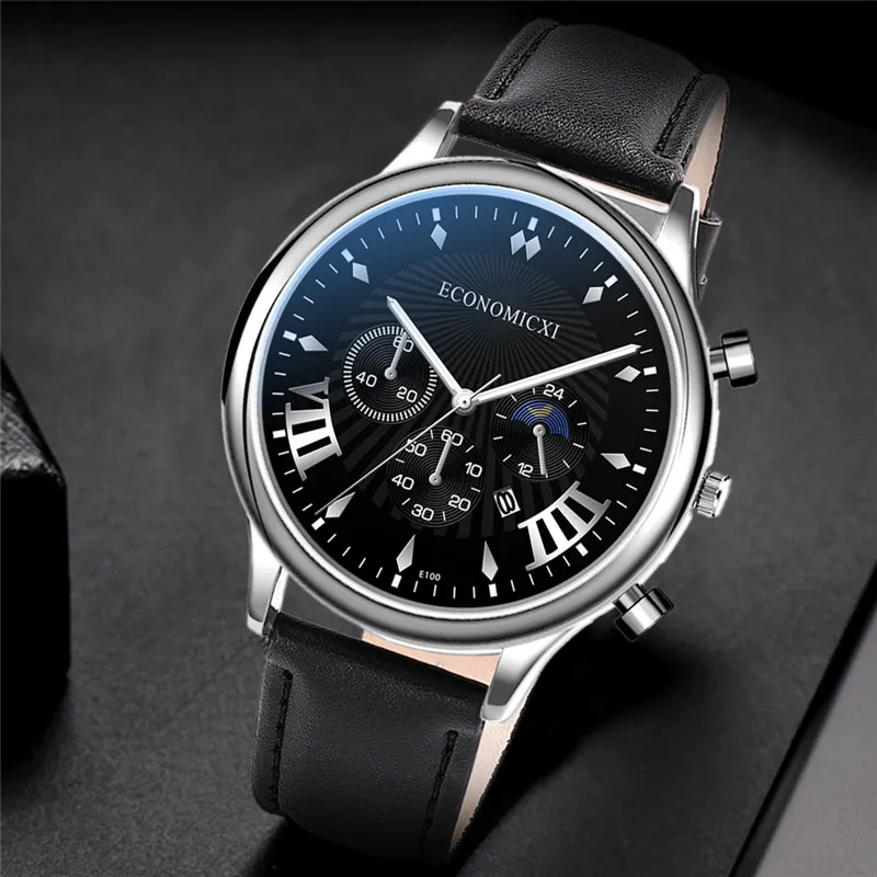 Деловые мужские часы кожа многоцветные простые кварцевые с календарем точный