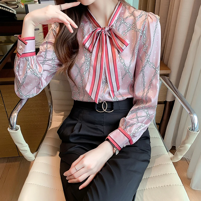 

Chiffon Women's Blouse Polo Girl's Shirt Casual Spring Autumn Fashion Long Sleeve Top Clothing Print Lady Houthion