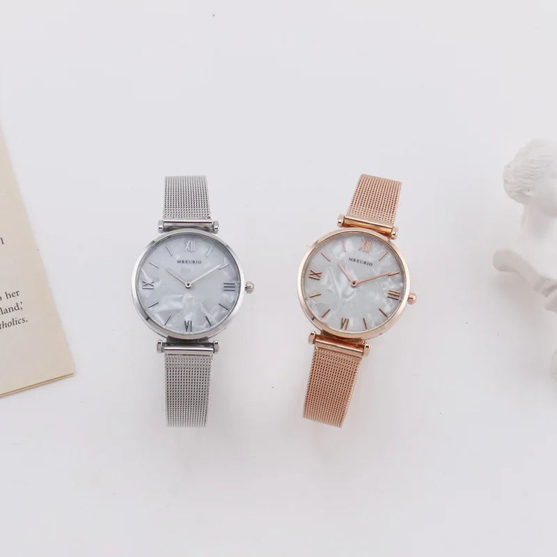 

MREURIO Women's Watch Vintage Romen Numerals White Shell Dial Milan Mesh Steel Buckle Wrist Watch For Women Simple Quartz Watch