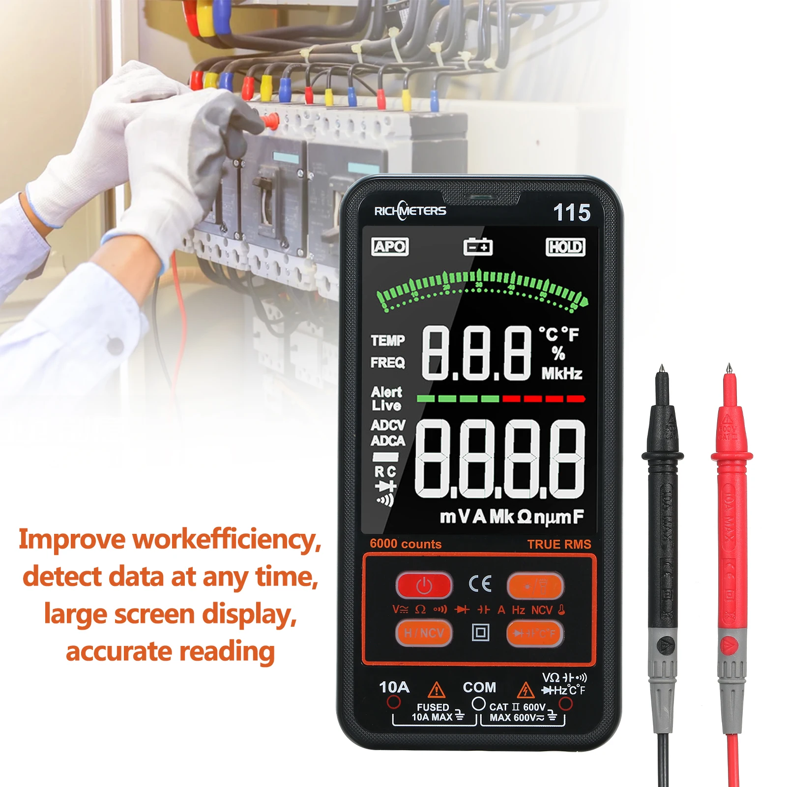 Цифровой мультиметр RICHMETERS RM115 с большим ЖК-дисплеем 6000 отсчетов True RMS напряжение