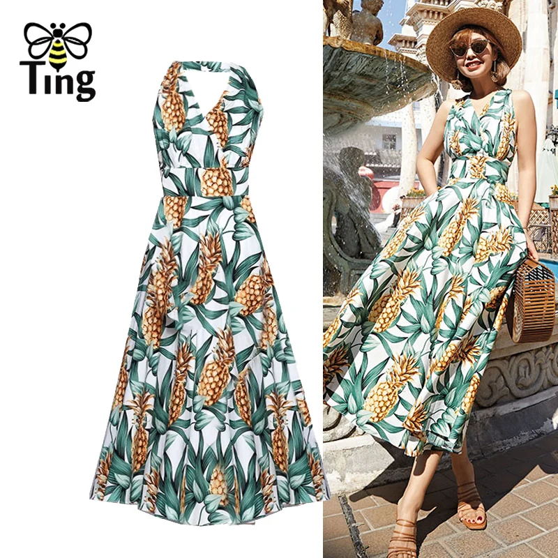 Летнее уличное богемное платье Tingfly с принтом тропических листьев и ананасов