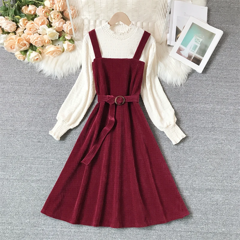 

Vintage Ruffle Corduroy Long Shirt Dress Women Sundress 2021 Autumn Spring Casual Fake Two Piece Dress Vestidos Female Robe New