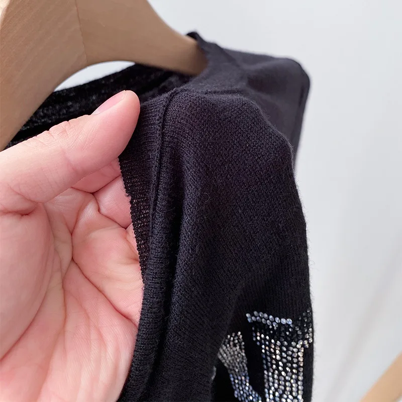 

100% Cashmere Knit Sweater Women's O-Neck Letter Hot Rhinestones Long Sleeve Jumper 2021 Spring