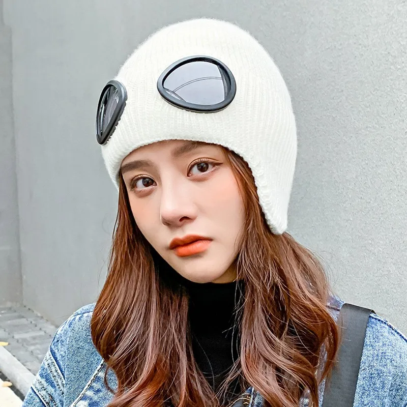 Women's Men's Cap Beanie Wool Hat Children's Winter Fashion Korean Pilot Glasses Version Thickened Knitted Warm Ski Balaclava