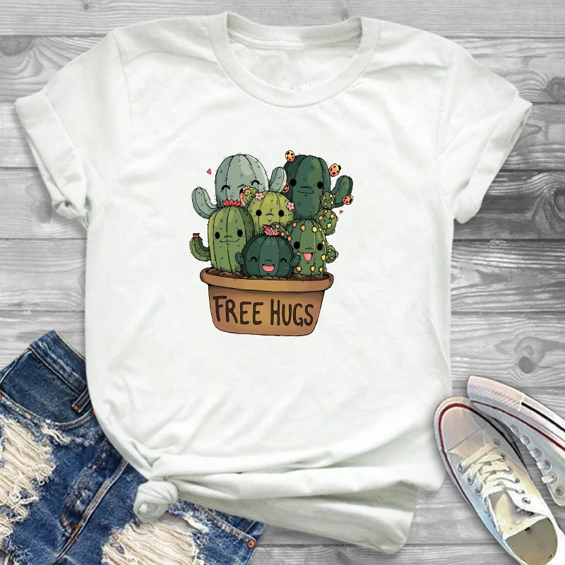 

Women Fashion Free Hug Plants Cactus Print Womens Female Graphic T Shirt T-Shirt Streetwear Camisas Tee Shirt Tees T-shirts