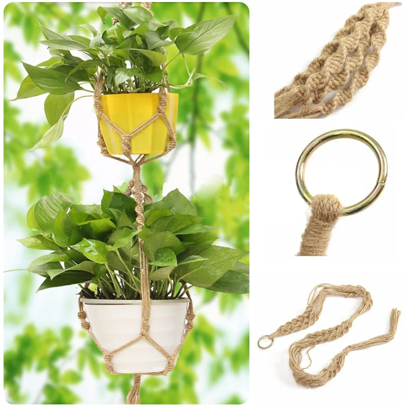 Двойная Вешалка для растений из темного джута 2 яруса подвесной держатель горшка