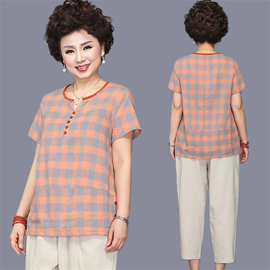 

4XL Women Sport Suit Two Piece Set Summer 2021 Fashion plaid Print Short Sleeve Tops And Trousers 2 Piece Set Female