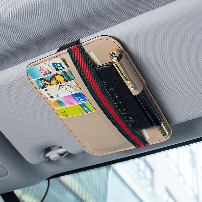 

Car Storage Card Holder Car Sun Visor Card Holder Black Leather Car Pen Holder Multi-Function Bill Card Holder For In-Car Car