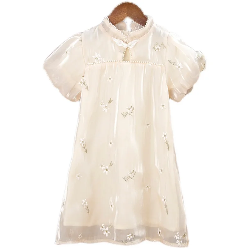 

Girls Dress for Kids 2021 New Summer Kids Elegant Dresses Sweet Pearl Baby Vestidos Short Sleeve Children Outfits 6 8 10 12 14Y