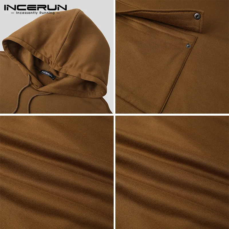 

INCERUN Men Sweatshirts Leisure Big Pockets Hoodies Long Sleeve Hooded Outwear Man Vintage Solid Pullovers Streetwear Plus Size