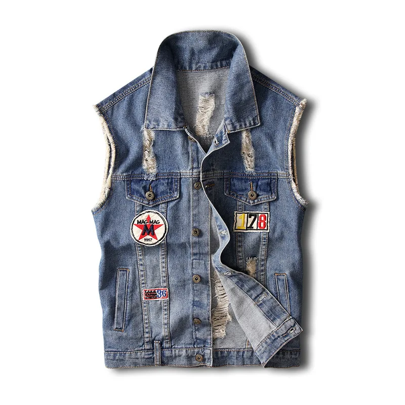 Мужской джинсовый жилет рваный ковбойский с карманами и бахромой уличная одежда