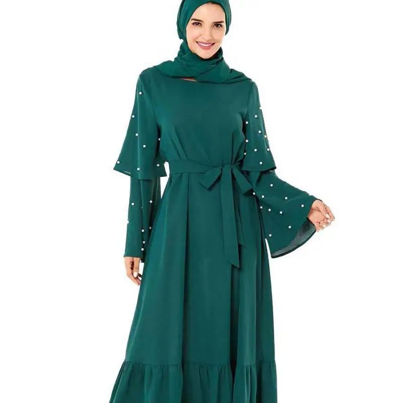 

Fashionable Dress Beaded Belt Flared Sleeves Big Hem Muslim Long Dress Without Headscarf Moroccan Oriental Dress Kebaya