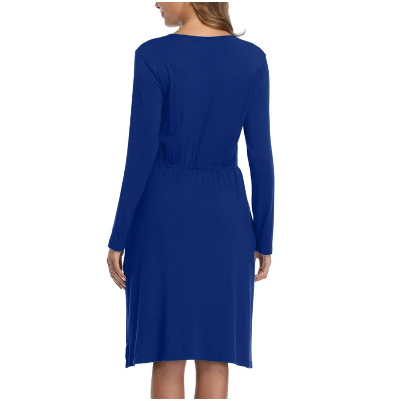 

Summer Women 's Home Dress Blue Ladies' Retro Party Midi Dresses Women Long Sleeve Pocket Beach Dress Casual Office Party Dress