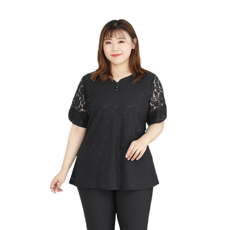 

4XL для 10XL очень большой Размеры женские топы кружевные рубашки черного цвета с короткими рукавами летние топы, повседневные блузки Mujer De Moda T61008T