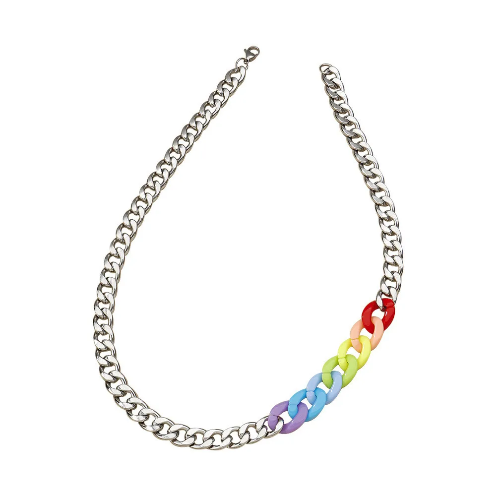 Cosysail Rainbow Color Acrylic Chain Necklaces for Women Men Personality Stainless Steel Choker Necklace Statement Jewelry Gift images - 6