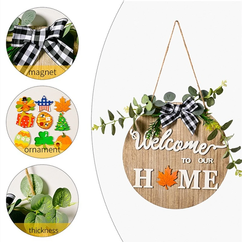 

Wooden Welcome Home Sign Door Hanger Wreath Wall Hanging Ornament Decor With 9 Interchangeable Yard Door Pendants Accessories