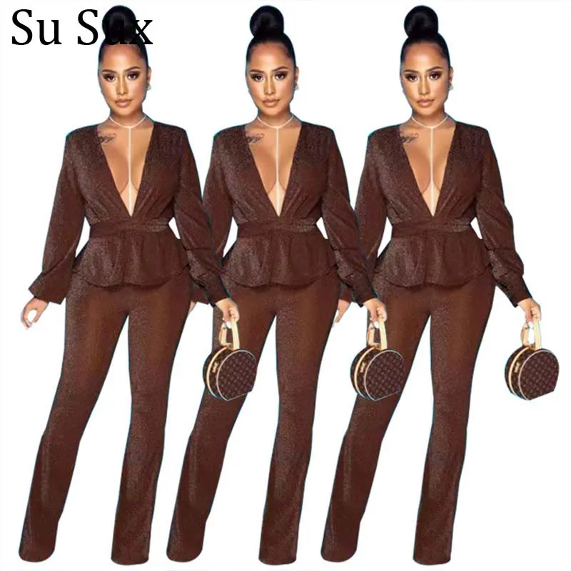 

Glitter Pant Suits Casual 2 Piece Set Women Ruffles Deep V Neck High Waist Top Tracksuit and Belt Vestidos Streetwear Female New