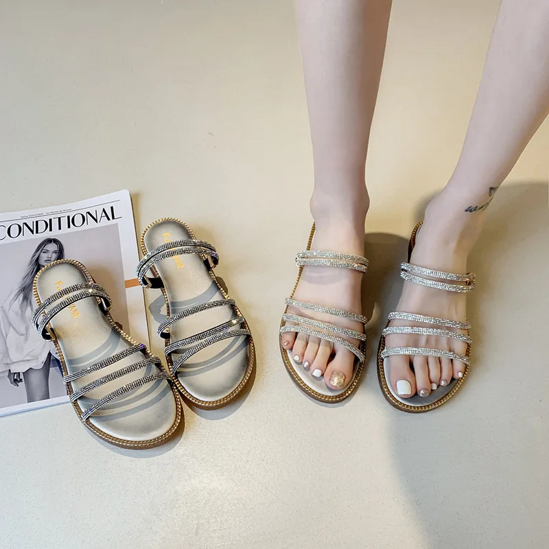 

Low Female Shoes Slippers Flat Slides Summer Clogs Woman Jelly Flip Flops Fashion 2021 Beach Glitter Luxury Basic PU Crystal