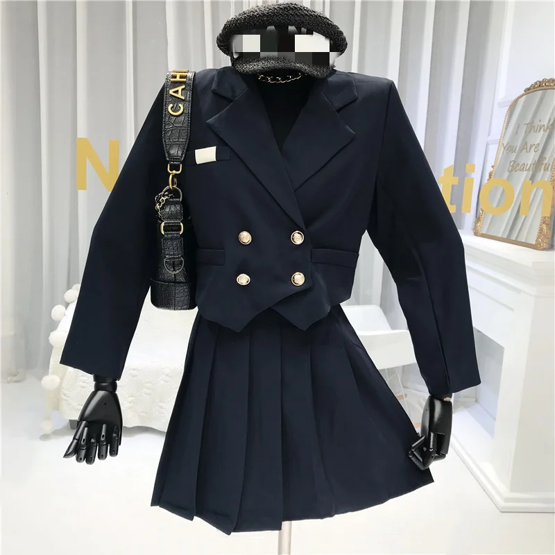 

Khaki Two Piece Skirt Set Female 2021 Notched Bomber Vintage Blazer+Pleated Gothic Skirt Mini Korean Womens Blazer Suit Outfits