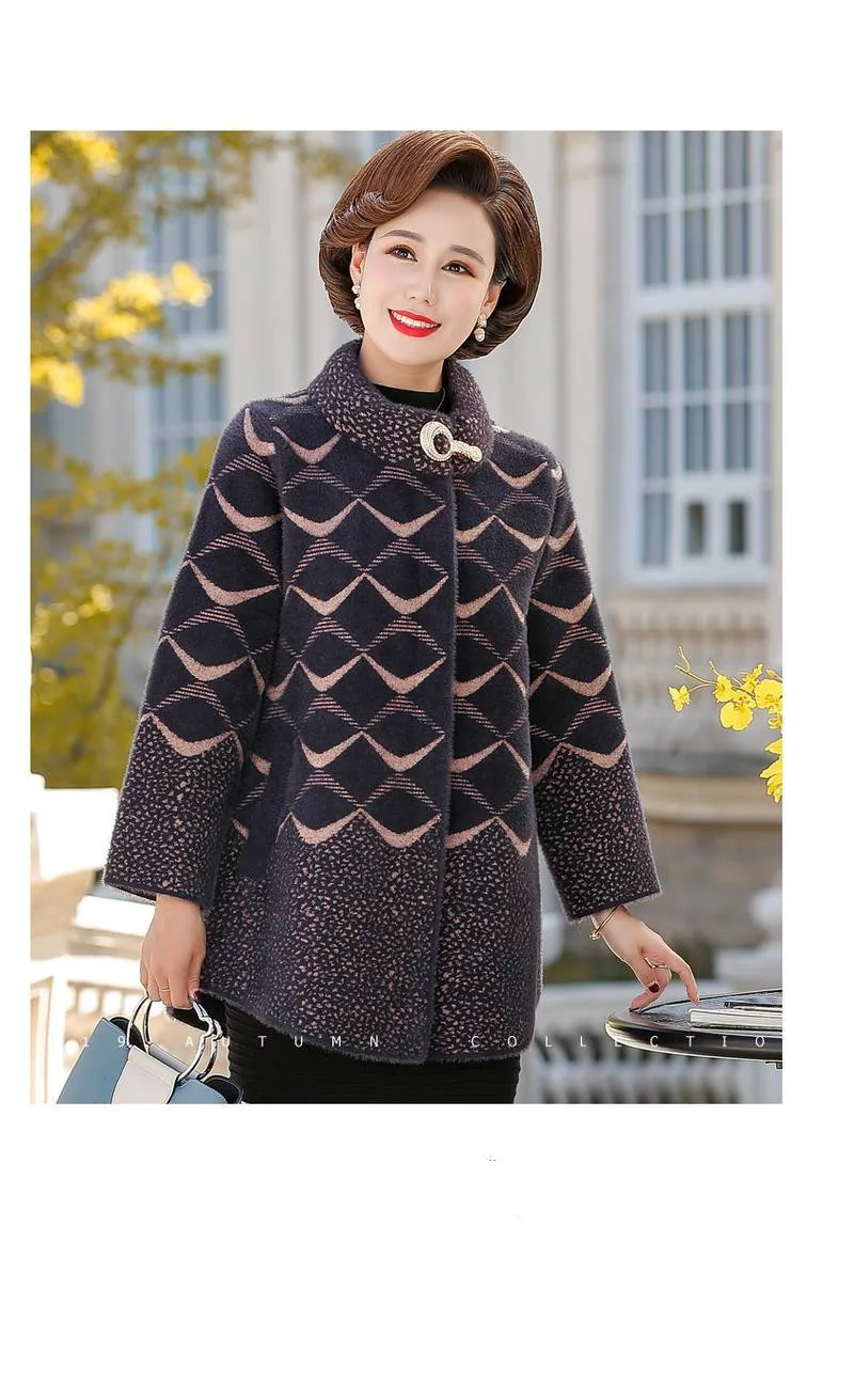 

Middle Aged Women Scarf Collar Faux Mink Fur Ovecoat Female Fashion Knitted Sweater Cardigan Ladies Noble Patchwork Outcoat Z180