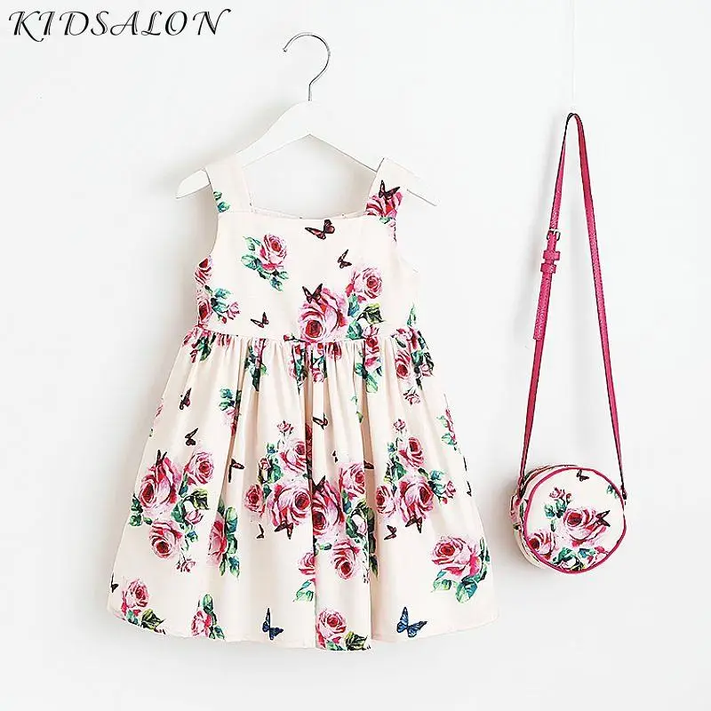 Girls Summer Dress with Bag 2022 Brand Toddler Clothing Children Dresses Flower Princess Costumes for Kids Clothes | Детская одежда и