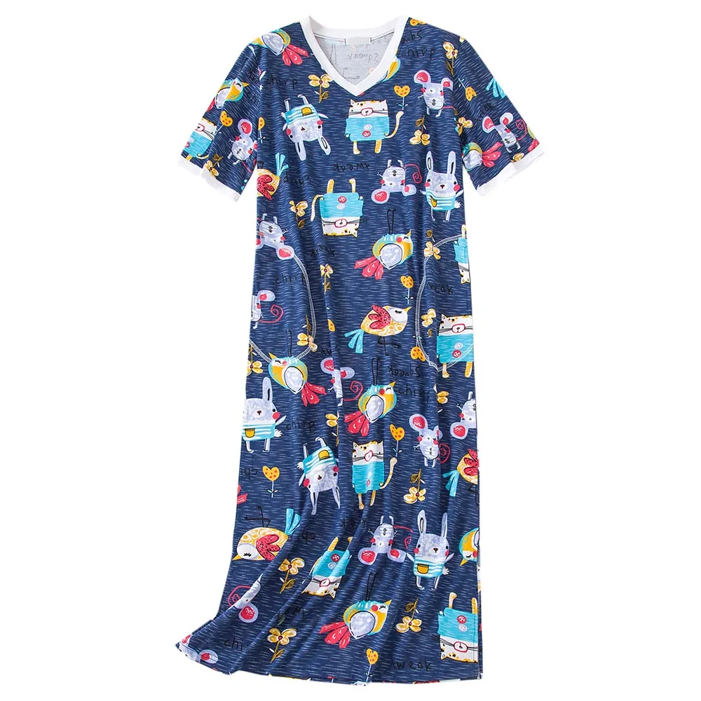 

2021 женская пижама с милым принтом птиц, Хлопковая женская домашняя одежда, летняя дышащая Пижама с коротким рукавом, женское платье с V-образ...