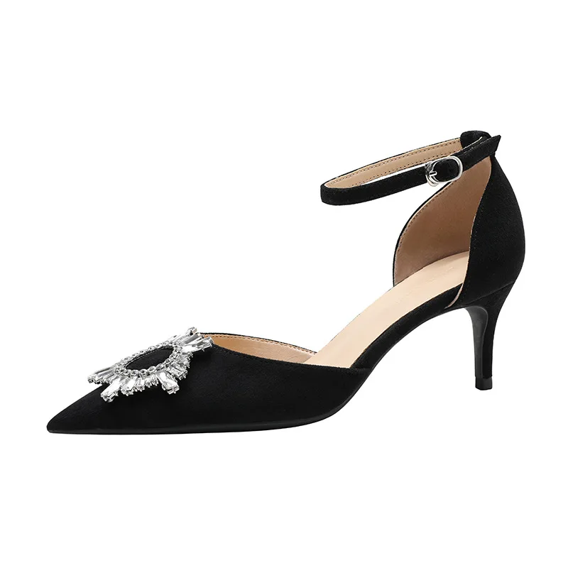

6cm Suede Stiletto Summer New Fashion Rhinestone Pointed Toe Ankle Strap Ladies Shoes and Sandals