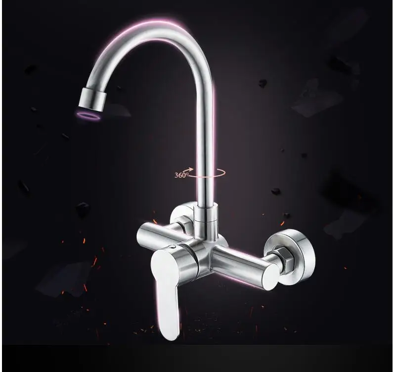 Stainless steel Wall Mounted Kitchen Faucet Kitchen Mixers Kitchen Sink Tap 360 Degree Swivel Flexible Hose Double Holes