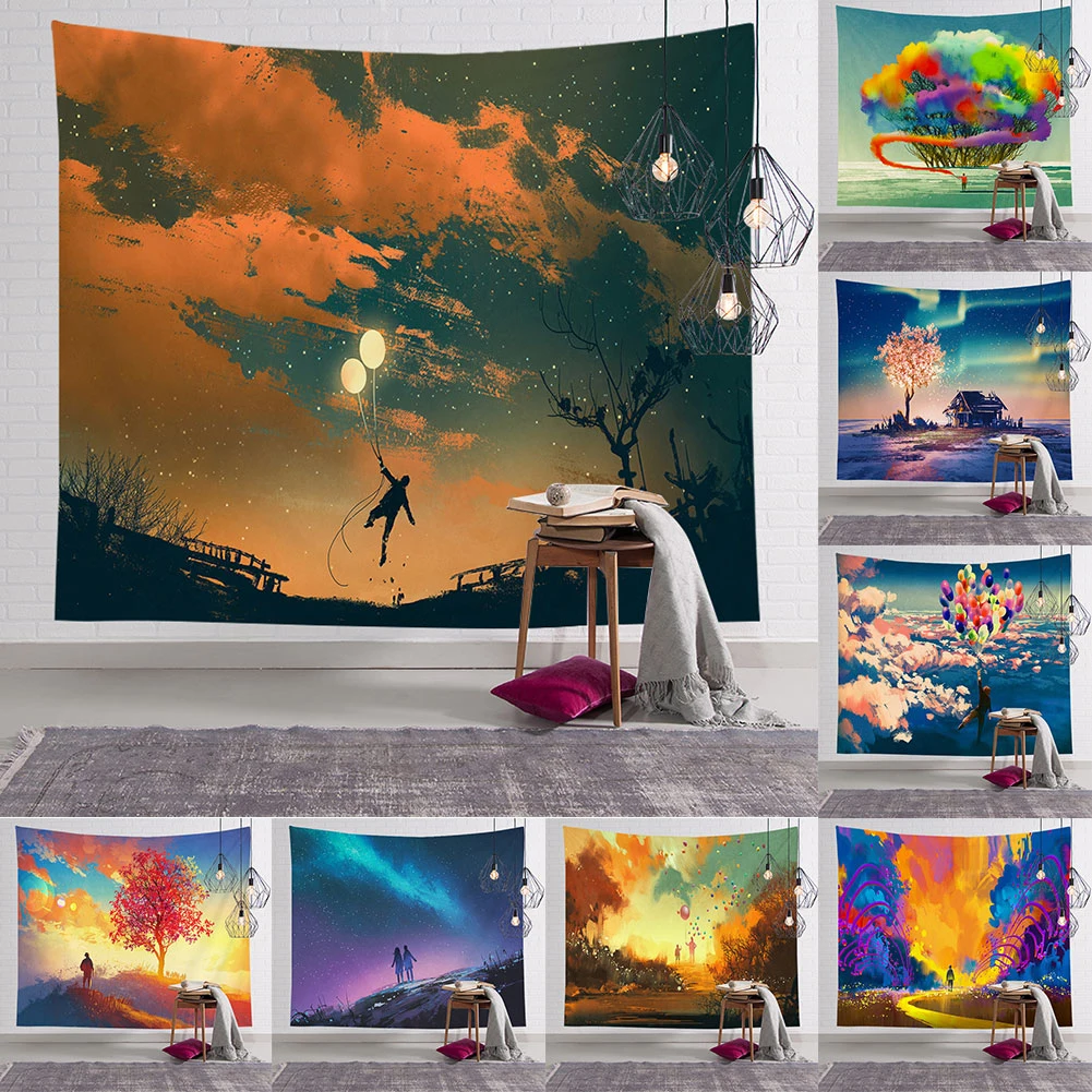 Яркий Цвет настенный гобелен пейзаж воздушный шар в форме дерева покрывало