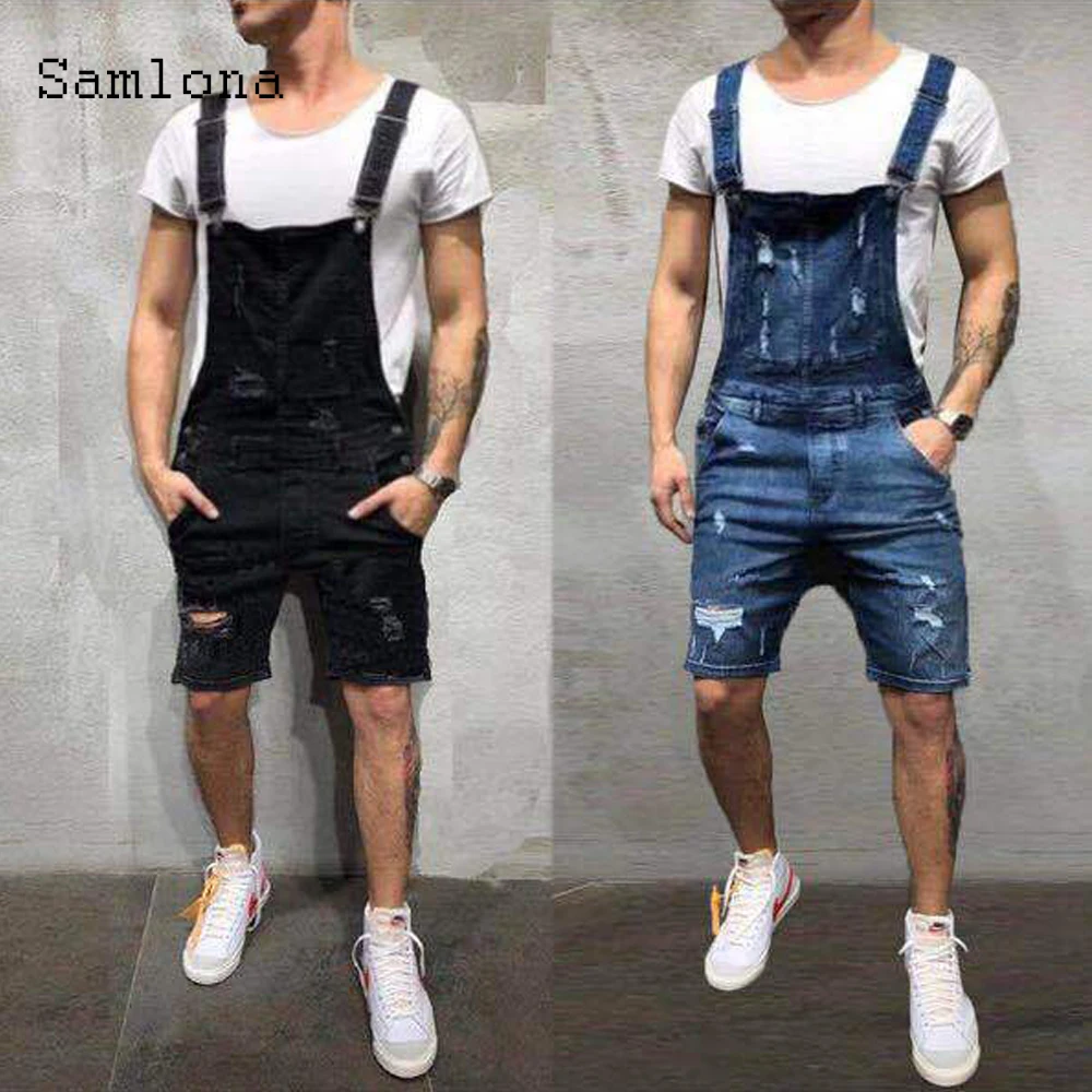 Samlona Men's Jeans Casual Denim Overalls Fashion Hole Ripped 2021 European and American style Suspending Trousers Men Playsuits